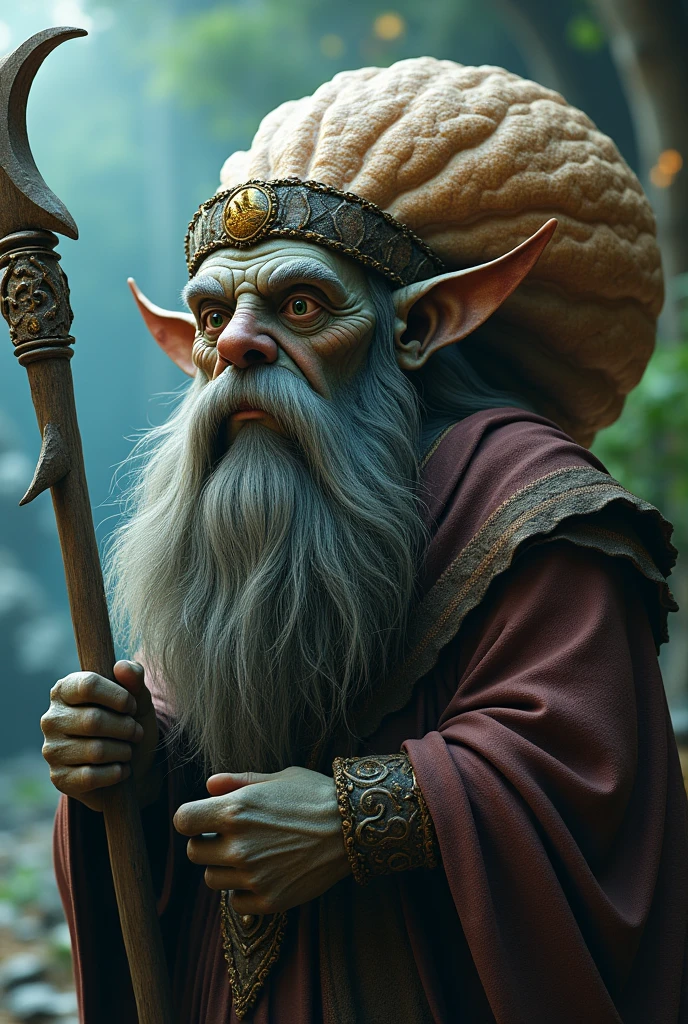 a mystical and wise creature with a staff, a shell on its back and a beard, realistic style, detailed face, detailed eyes, detailed hands, intricate textures, 8k, high quality, hyper realistic, cinematic lighting, dramatic shadows, vivid colors, fantasy, digital painting