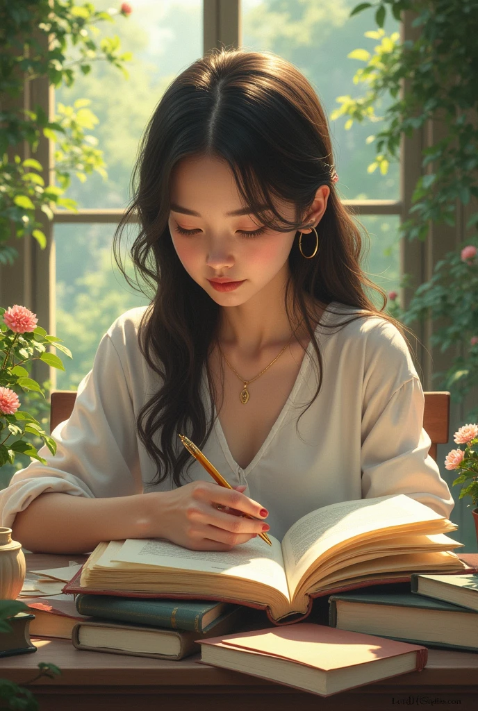 Create a image of 18 year girls who carry lots of books and study in alone and nature place and she is very beautiful