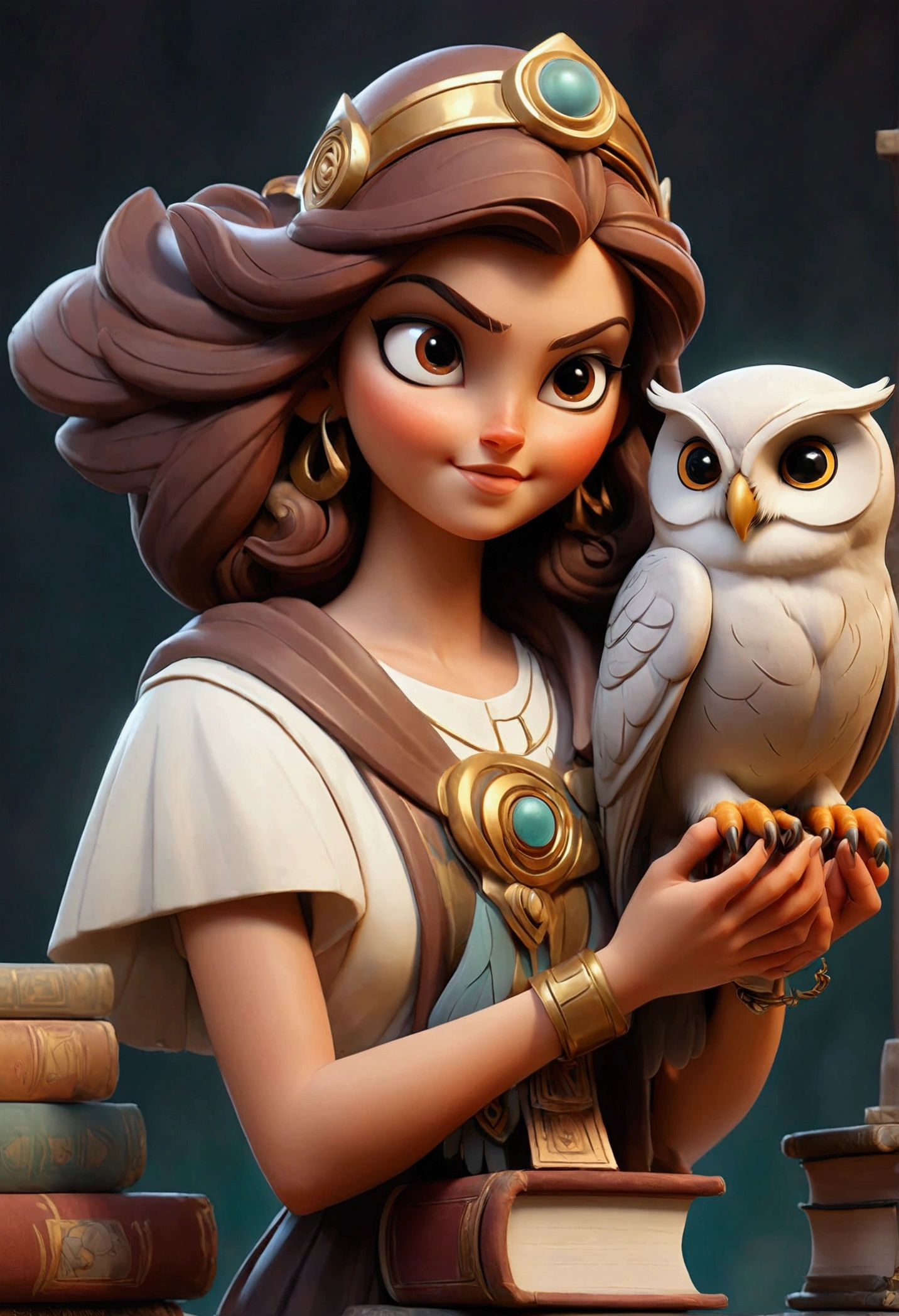 Happy smiling brunette goddess Athena with an owl holding a books