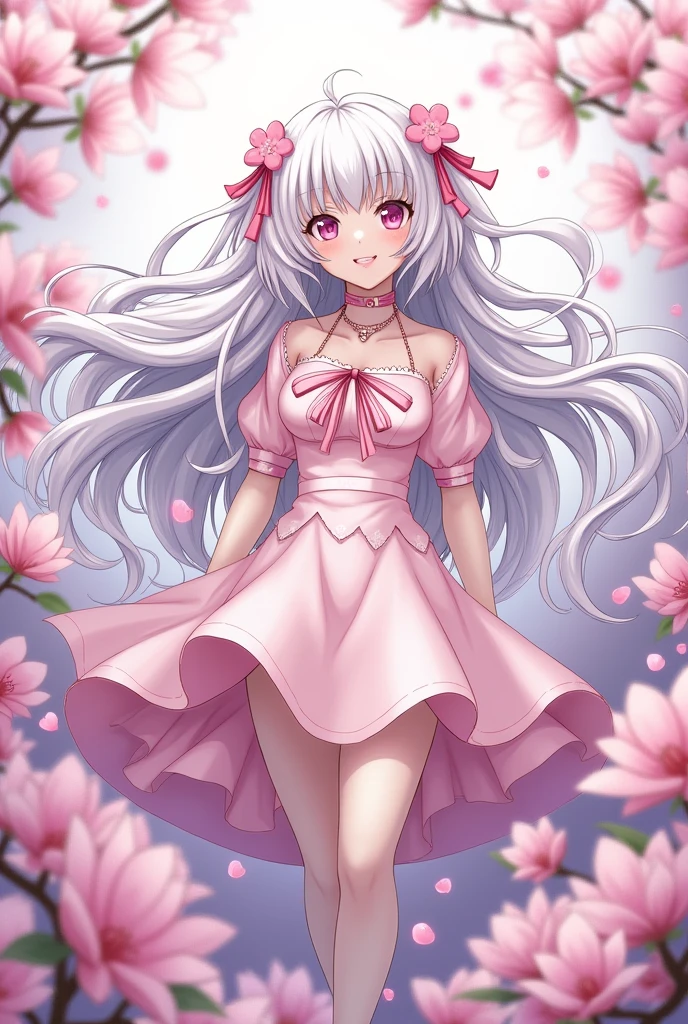 A new villain from Mahou Shoujo ni Akogarete who possesses the ability to manipulate lilies of the valley and cherry blossoms to create a combat environment that elegantly and effectively combines defense and attack.. She can summon lilies of the valley to form a protective barrier around herself or her allies., with petals that act as a shield that absorbs and deflects physical and magical attacks. This barrier also emits a subtle mist that confuses and weakens nearby enemies., Reduction allows Usagi to use the beauty of flowers to create a dynamic battlefield, offering protection while launching deadly attacks, and adapting to the changing needs of the confrontation. And her hair is white with pink