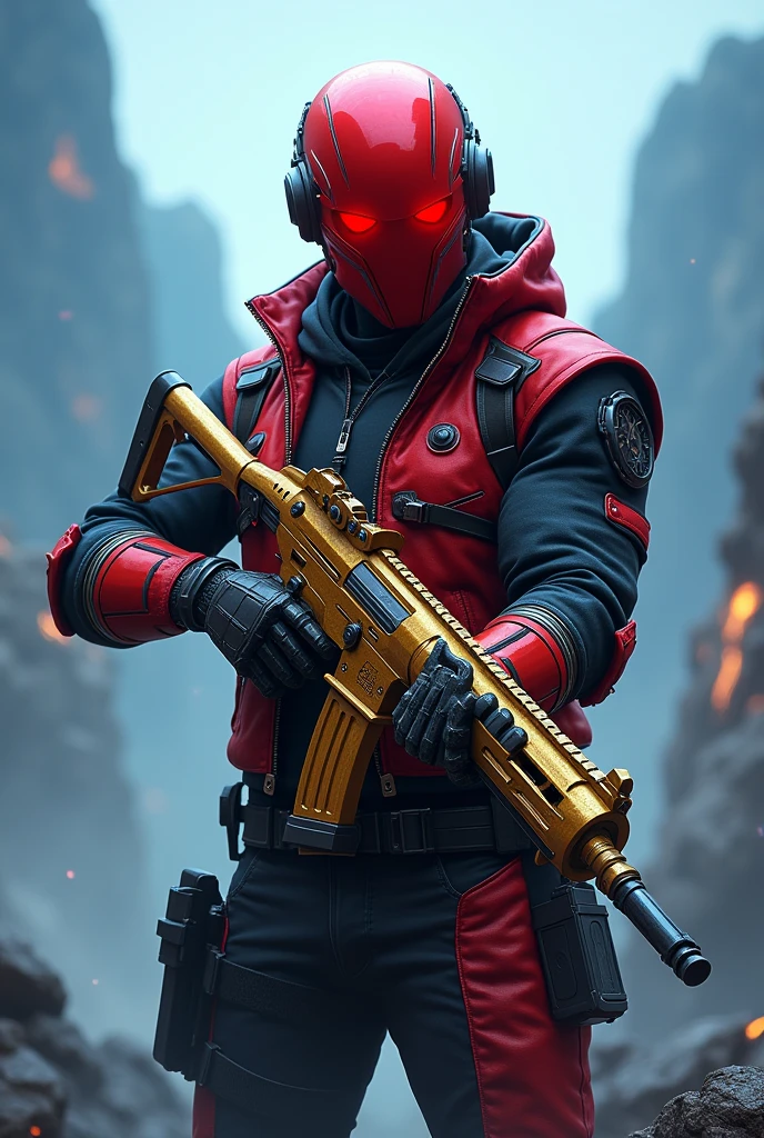 Ethan from the mobile game Blood Strike, Bright Red Visorless Helmet with Crimson Lights, Shiny gold p90 crystal submachine gun, red and black sleeveless jacket, robot arms, abandoned valley background blue, Posing