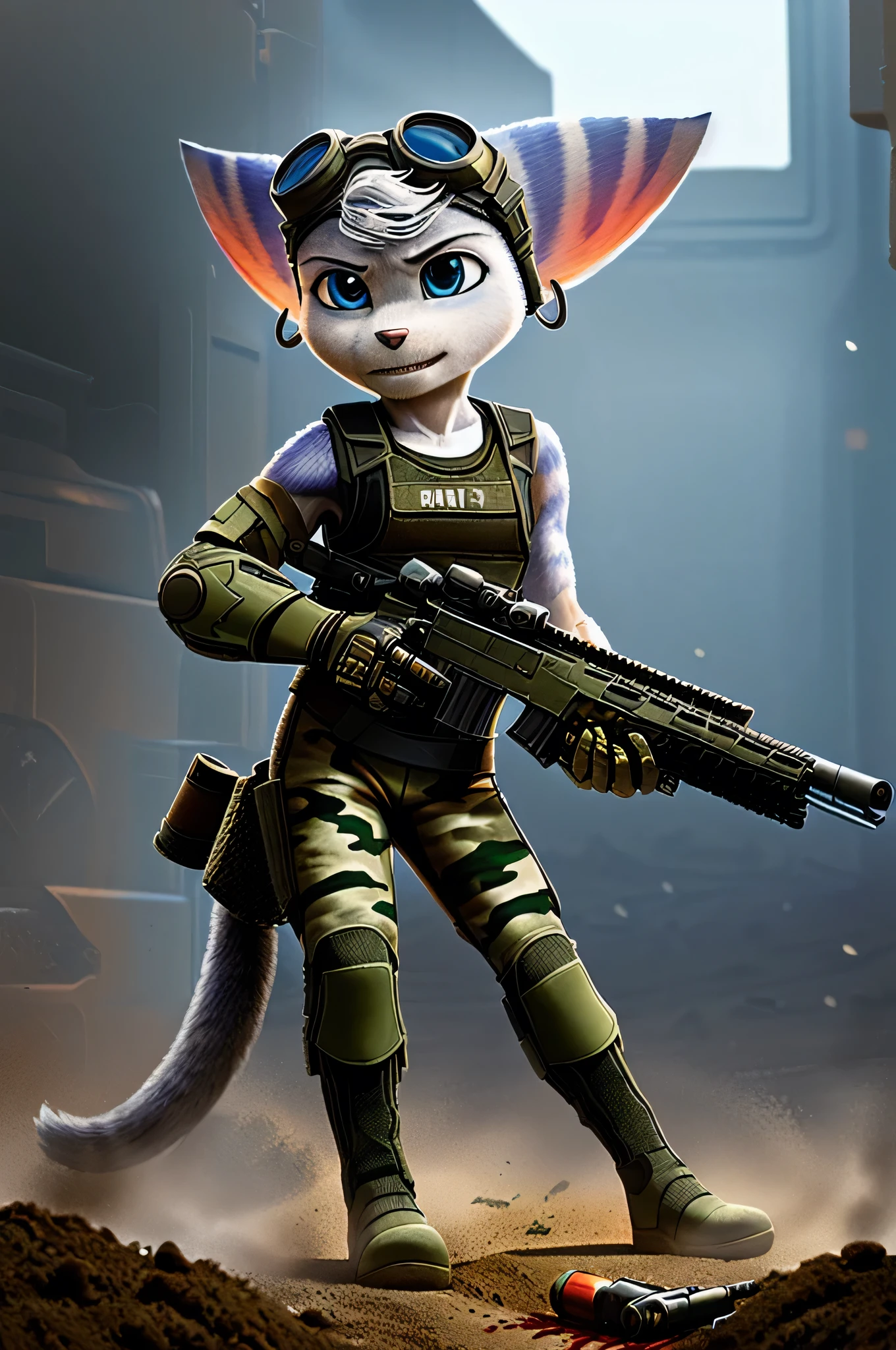 Rivet, (((lombax))), ((lombax ears)), female, small, (petite), (((tail))), ((furry)), 1girl, young, solo, (yellow cybernetic protease on the right shoulder), ((tight fitting military camouflage soldier gear and outfit)), ((wielding assault rifle)), ((gear belt with pistol and granates)), ((bulletproof soldier vest)), detailed body fur, detailed body, detailed eyes, detailed face, athletic, skinny, high quality, masterpiece, small breasts, (goggles), :D, looking at you, full body, ((good lighting on crotch)), hit, (hurt), (fresh wounded), ((unconsealed bullet wound on tigh)), ((blood)), (war torn background), ((aiming gun)), (firing gun), ((firing stance)), bruces, ((dirt on fur)), ((dirt on clothes))