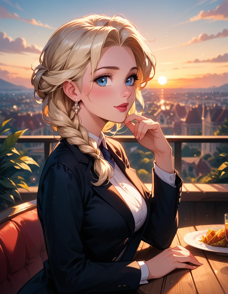 score_9, score_8_up, score_7_up, score_6_up, cinematic film still, 1girl, mature elsa (blonde hair, braid:1.1), black_business_suit, in a beautiful restaurant, on the balcony, (cinematic lighting:1.2),, (sunset:1.2), shallow depth of field, vignette, highly detailed, high budget, bokeh, cinemascope, moody, epic, gorgeous, film grain, grainy, flirting.