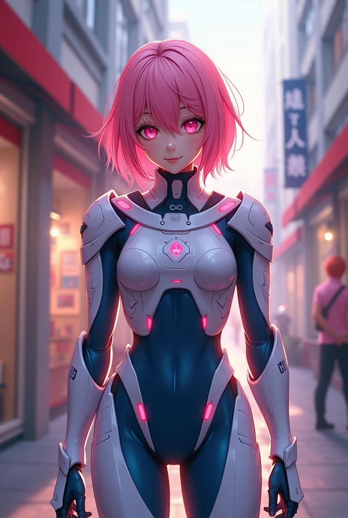 transgender girl, waist up, ssmile, beautiful lighting, deep shadow, best qualityer, Masterpiece artwork, ultra high resolution, アニメ, space armor, standing alone, neckleace, Detailed beauty. face perfect, pink eyes, pink hair, big hair, perfect female body, breasts big, happy expression, illuminated environment, shopping street, Waist slender, アニメ semi realista, NSFW, white and blue colored armor, super detailed face, rosto angelical, super detailed image(wall-paper), work of art, space warrior, little clothing, wide hip, ssmile fofo, cuteness, cute face, cute transgender girl. --auto