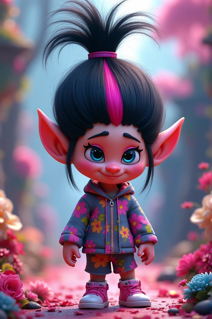 Trolls 3,black haired character with a pink streak,with Kpop clothes,and blue eyes
