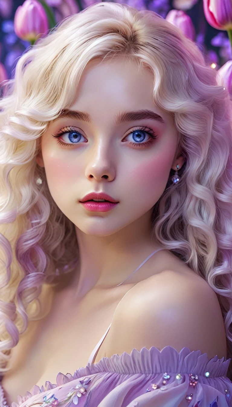 masterpiece,Dazzling colorful lights,Extremely detailed,A girl,big eyes,tulip,Extra long curly hair,White-blond hair,A fascinating adventure,Radiant Lips,Close-up of face,Off-shoulder,Dreamy and beautiful,The rich colors of the characters,Delicate brushstrokes,wallpaper,Lilac background,Anime Aesthetics,