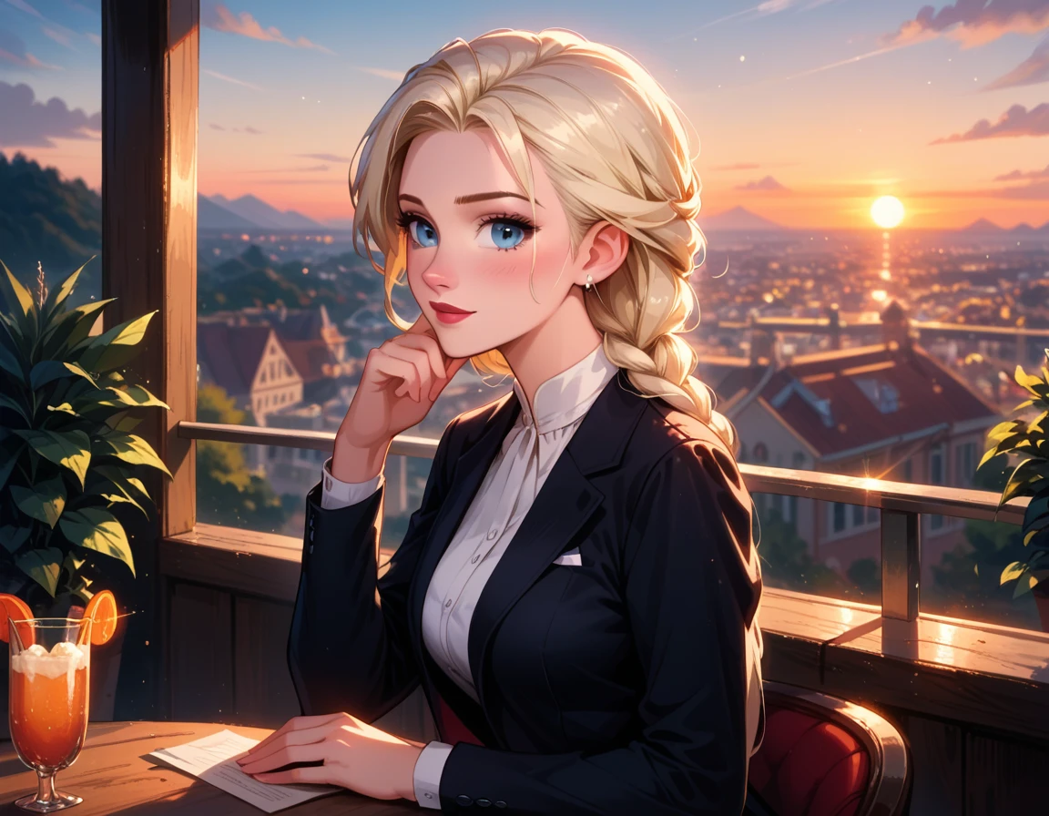 score_9, score_8_up, score_7_up, score_6_up, cinematic film still, 1girl, mature elsa (blonde hair, braid:1.1), black_business_suit, in a beautiful restaurant, on the balcony, (cinematic lighting:1.2),, (sunset:1.2), shallow depth of field, vignette, highly detailed, high budget, bokeh, cinemascope, moody, epic, gorgeous, film grain, grainy, flirting.