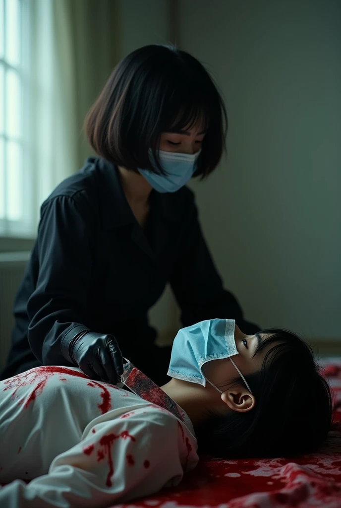 korean girl, (behind corpse, holding knife), surgical mask, black gloves, room full of blood, black raincoat, holding knife, black gloves, woman on top, behind corpse, blood splatter, on the bed, mass murderer, killer, short hair, blood splatter, dark atmosphere, cinematic lighting, atmospheric realistic, light from the window, close-up,