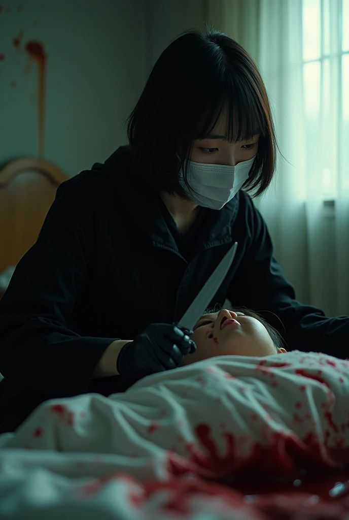 korean girl, (behind corpse, holding knife), surgical mask, black gloves, room full of blood, black raincoat, holding knife, black gloves, woman on top, behind corpse, blood splatter, on the bed, mass murderer, killer, short hair, blood splatter, dark atmosphere, cinematic lighting, atmospheric realistic, light from the window, close-up,