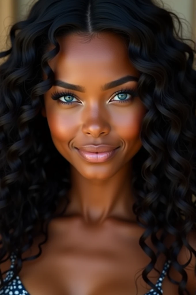 very very tan woman with long black curls and blue eyes