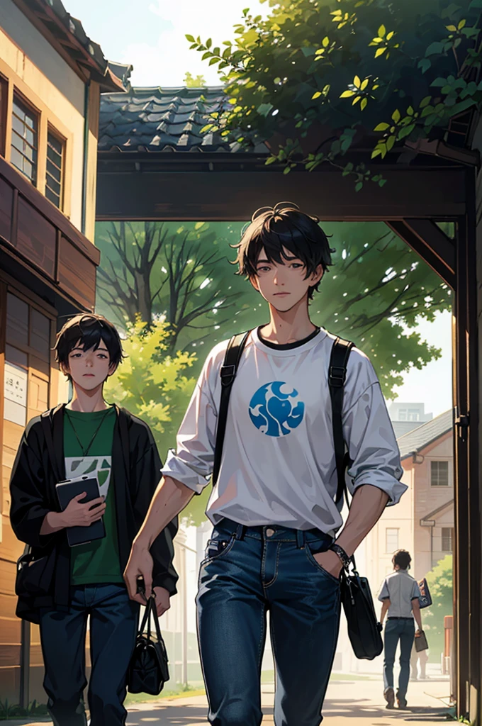 Setting: The setting is a university campus at dusk. Modern glass and steel buildings are in the background, reflecting the last rays of the sun. Large trees with green leaves spread across the well-kept lawn.
Characters: Two young adventurers, dressed casually. The first is a tall boy, with short, messy hair, wearing a t-shirt with a technology logo and jeans. He carries a backpack full of thick books, with titles like "Advanced Programming" and "Computer Networks." The second is shorter, with short hair and a thin beard. He wears a light jacket over a T-shirt and carries a modern laptop with technology company stickers.
Interaction: They are in the center of the painting, shaking hands with friendly expressions, suggesting the beginning of a friendship. Their posture is relaxed, with sincere smiles.
Additional Details: The sun is setting over the horizon, and rays of golden light pass between the leaves of the trees, creating an effect of soft light and shadow on the ground. Some other students are in the background, going to their activities.
This is how UIZZI was born, a technological guild committed to using its power to create with simplicity, modernity, and innovation, leaving an indelible mark on the digital world.