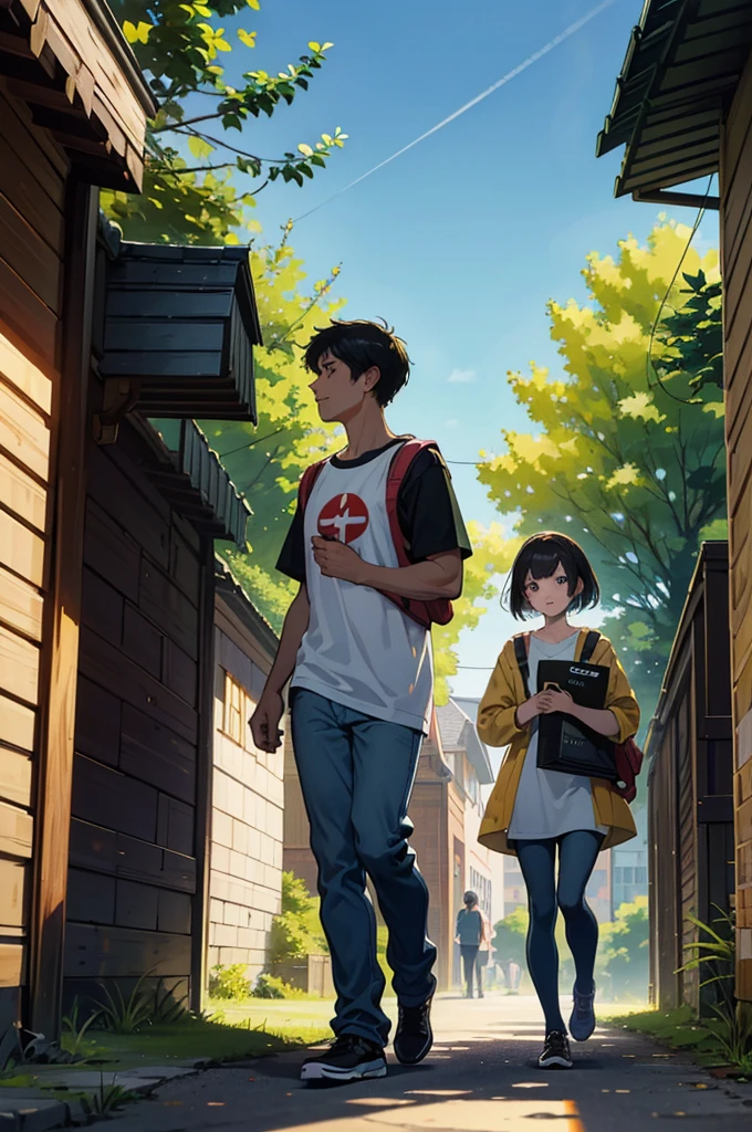 Setting: The setting is a university campus at dusk. Modern glass and steel buildings are in the background, reflecting the last rays of the sun. Large trees with green leaves spread across the well-kept lawn.
Characters: Two young adventurers, dressed casually. The first is a tall boy, with short, messy hair, wearing a t-shirt with a technology logo and jeans. He carries a backpack full of thick books, with titles like "Advanced Programming" and "Computer Networks." The second is shorter, with short hair and a thin beard. He wears a light jacket over a T-shirt and carries a modern laptop with technology company stickers.
Interaction: They are in the center of the painting, shaking hands with friendly expressions, suggesting the beginning of a friendship. Their posture is relaxed, with sincere smiles.
Additional Details: The sun is setting over the horizon, and rays of golden light pass between the leaves of the trees, creating an effect of soft light and shadow on the ground. Some other students are in the background, going to their activities.
This is how UIZZI was born, a technological guild committed to using its power to create with simplicity, modernity, and innovation, leaving an indelible mark on the digital world.