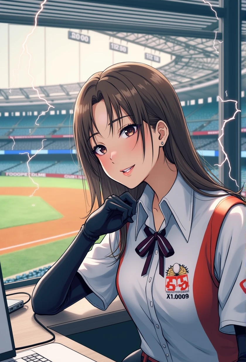 woman sitting at desk in front of microphone, instagram, shinhanga, baseball stadium during game, bright atmosphere, Tokyo Dome, covered!!, official media, Akira Toriyama, lightning!!