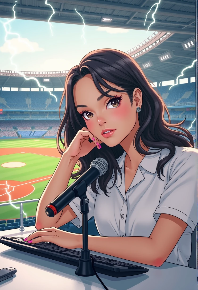 woman sitting at desk in front of microphone, instagram, shinhanga, baseball stadium during game, bright atmosphere, Tokyo Dome, covered!!, official media, Akira Toriyama, lightning!!