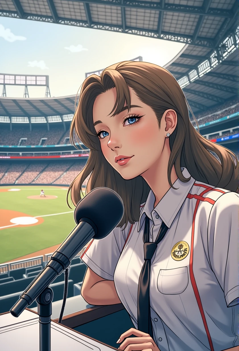 woman sitting at desk in front of microphone, instagram, shinhanga, baseball stadium during game, bright atmosphere, Tokyo Dome, covered!!, official media, Akira Toriyama, lightning!!