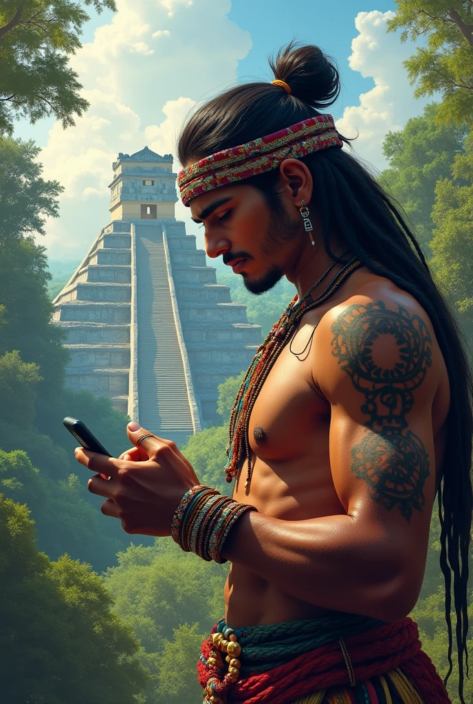 A Mayan using his cell phone with Tikal as an animated background