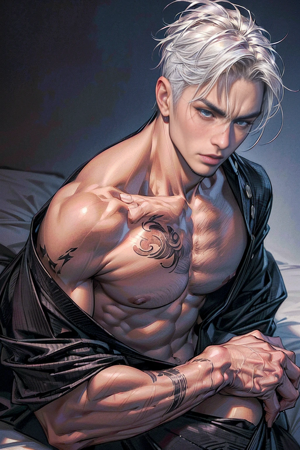 A handsome and strong Japanese Yakuza man, 35 years old, is lying in a Japanese-style room late at night,wearing a kimono,short blonde hair,cold white skin,Pale complexion,(pale skin),long and slim body,His body is covered with traditional Japanese tattoos.,It was dark, (((Ultra high angle shooting))),((((high details)))), (full shot), (photorealistic,realistic,realistic:2), (perfect body), (perfect face), (perfect eye), dangerous, bad ass, epic, ((((With a detailed face,correct body structure,correct body proportions))))
