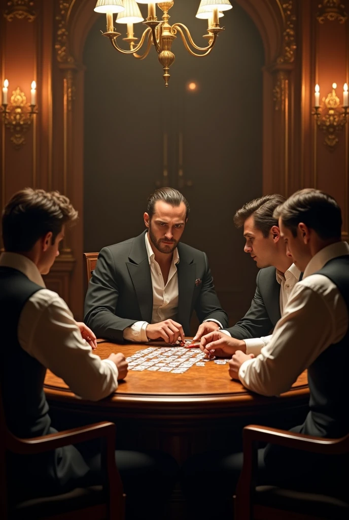 high quality, masterpiece, gentlemen playing card game with cards, wooden table, wooden chairs, interior of hall, intricate details, dramatic lighting, cinematic perspective, warm color palette, classical style, photorealistic
