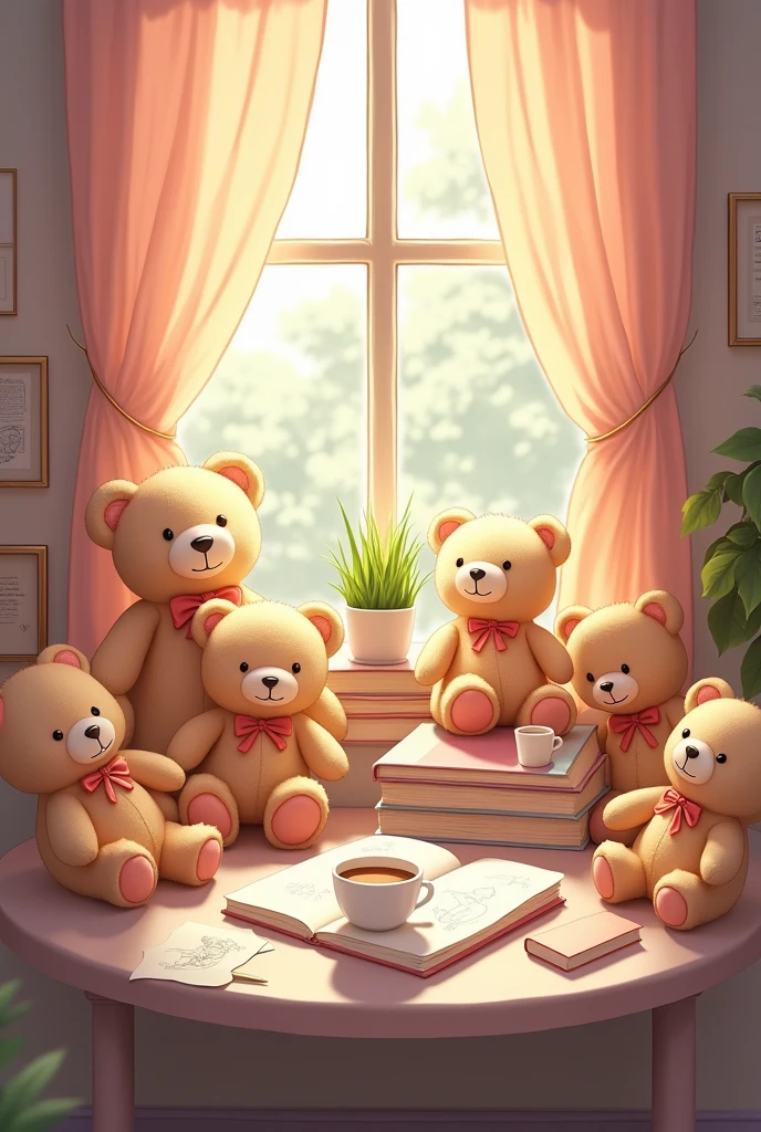 Aesthetic cute room full of teddy bears and pastel colour curtain, a table and some books placed on the table, a cup of coffee in the table, an unfished drawing book on the table, sunlight coming through the window, peaceful room
