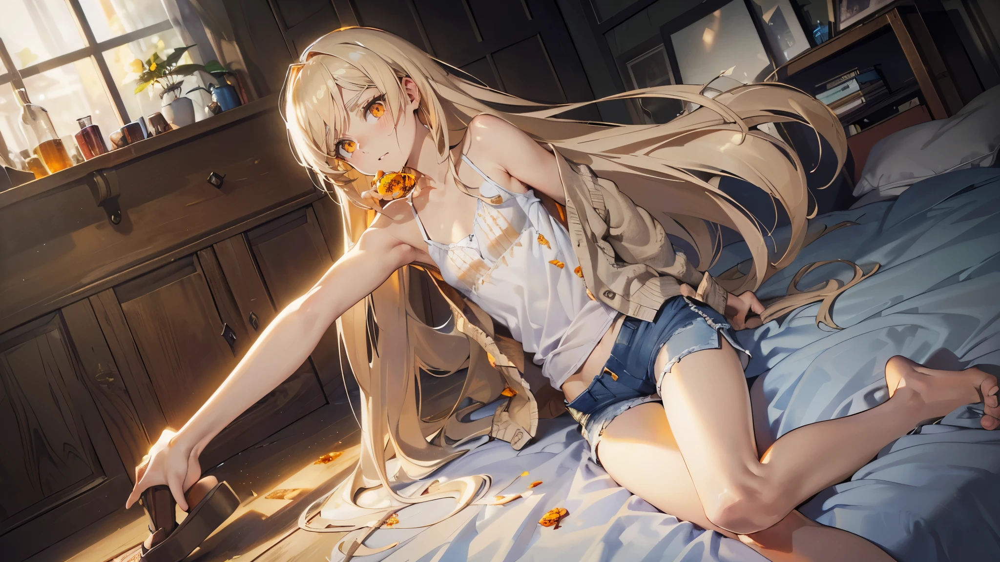 Photorealistic:1.5, Beautiful woman, extremely long hair, white yellow hair, (amber color eyes:1.5), (masterpiece:1.3), (best quality:1.3), high-resolution, Head-on angle, Body facing forward, solo, beautiful detailed eyes, mid day, (((best quality, textile shading, ultra detailed))), extremely detailed CG unity 8k wallpaper, Highly Detailed beautiful and aesthetic, high resolution, detailed, dramatic lighting, 1Character, soft, gentle colors, (flat chest:1.5), (white thin camisole:1.5), (Lowrise blue shorts:1.5), (navel:1.2), (Wear an ankle-length summer cardigan:1.5),