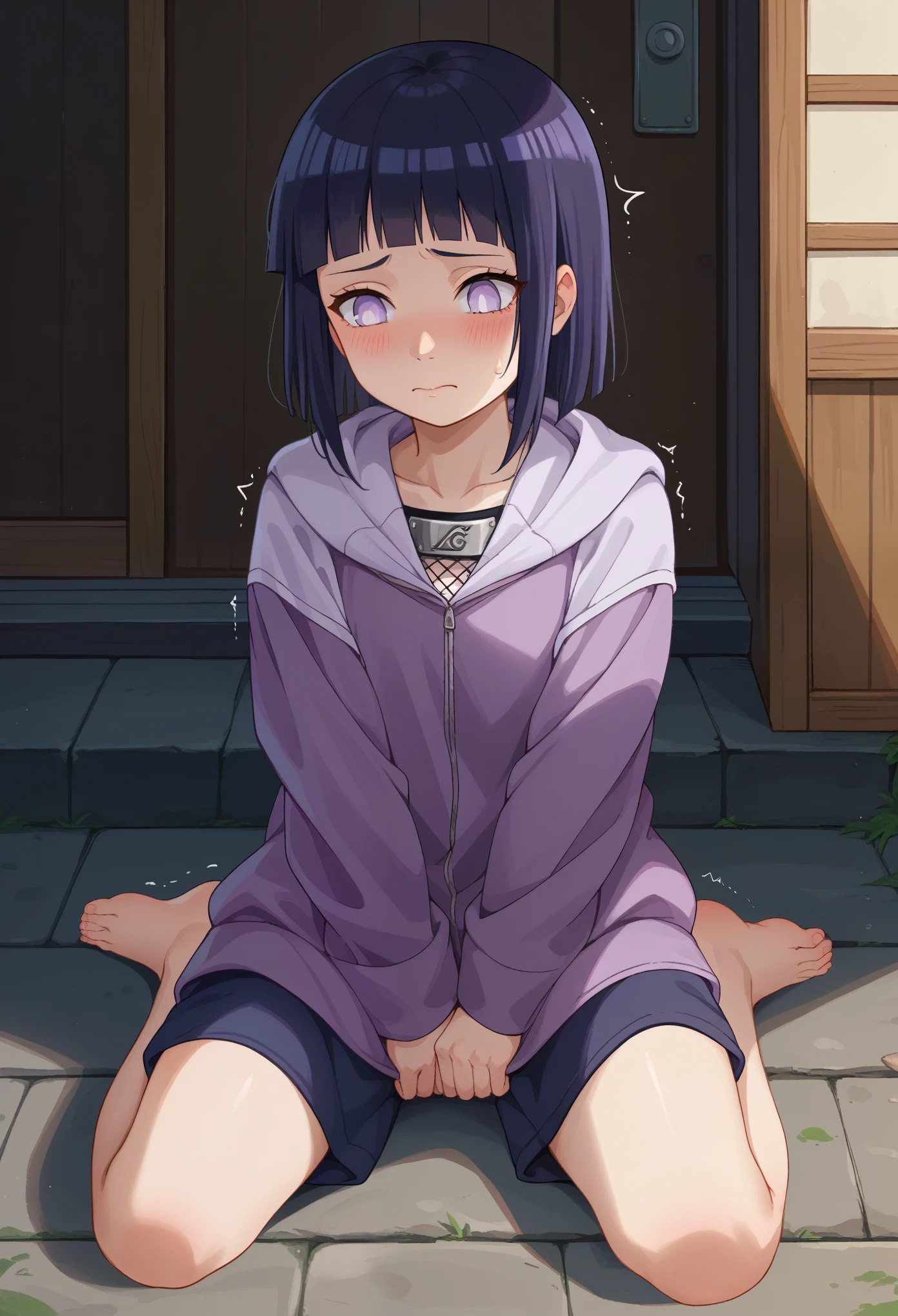 score_9, score_8_up, score_7_up, 1girl solo, (li:1.5), , kid bodflat chest, oversized clothes, hinataSDXL, medium hair, black hair, purple eyes, skinny, white eyes, pants, purple jacket, hood, long sleeves, jacket covering crotch, forehead protector, konohagakure symbol, hyuuga hinata, shaking, blushing, sitting on ground, barefoot, nervous, hands covered by own sleeves, looking down, tradicional village