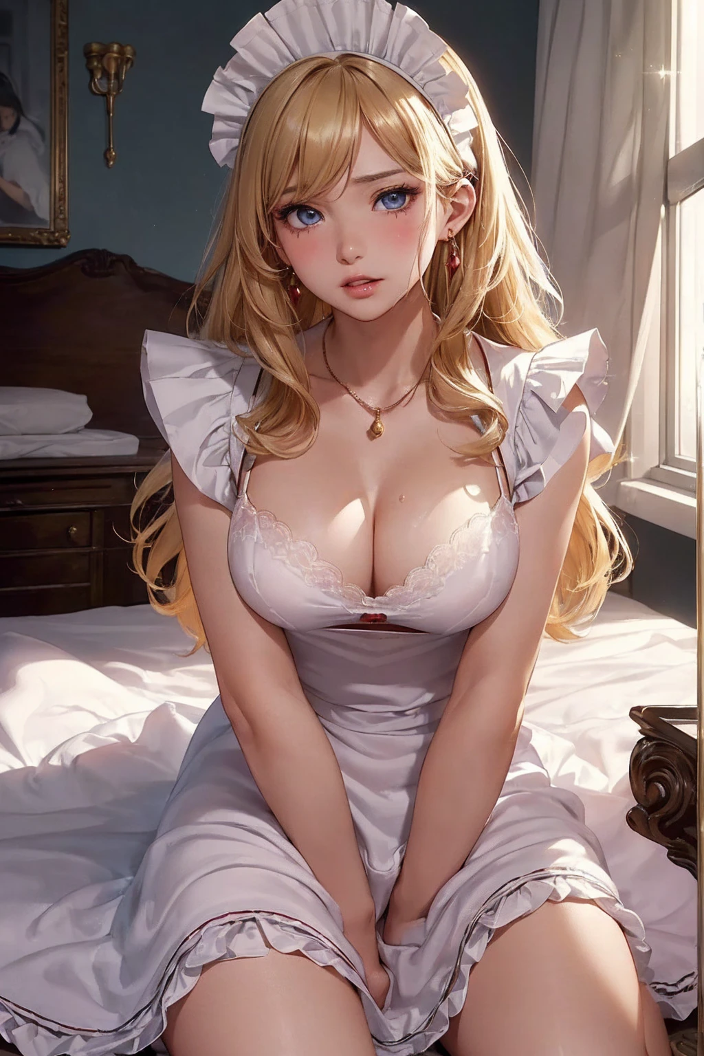 (table top: 1.3), (maximum resolution: 1.2), (Ultra HDTV: 1.2), movie light, 8K resolution,
detailed eyes and skin, detailed facial features, , (sharp focus: 1.2), (focus on face:1.2),perfect style, beautiful face, accurate, anatomically correct, Highly detailed face and skin texture, detailed eyes, double eyelid, thin eyebrows, glitter eyeliner: 1 natural cheeks, shiny skin, fair skin: 1.2, (shiny lips: 1.4),、 (shy expression: 1.2),Highly detailed face and skin textures, detailed eyes, double eyelid, natural cheeks, , shiny lips: 1.4,exposed cleavage、(Having a large amount of sperm in the chest:1.4)(There is a large amount of sperm on the thighs:1.2)、
red blush、insulting、impatience、Embarrassment、frightened、Glare、tear、Embarrassment하다、open your knees、spread legs、Masturbation、masturbation、rubbing one's genitals with one's fingers,,,,,,,,,,、
white underwear、white bra、Sparkling little earrings and necklaces、、disheveled clothes、dressing、Exposed panties、sweating、inexpressive、sheer underwear、
25 years old, not 、wavy hair、 semi long hair, big, upturned breasts, sitting on bed, bedroom,golden yellow hair、blue eyes、(maid clothes:1.5)、