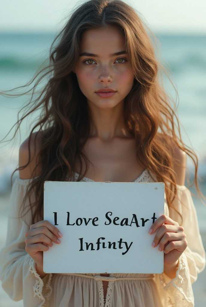 Beautiful girl with wavy long hair, bohemian dress, holding a white board with text "I Love Seaart Infinity" and showing it to the viewer