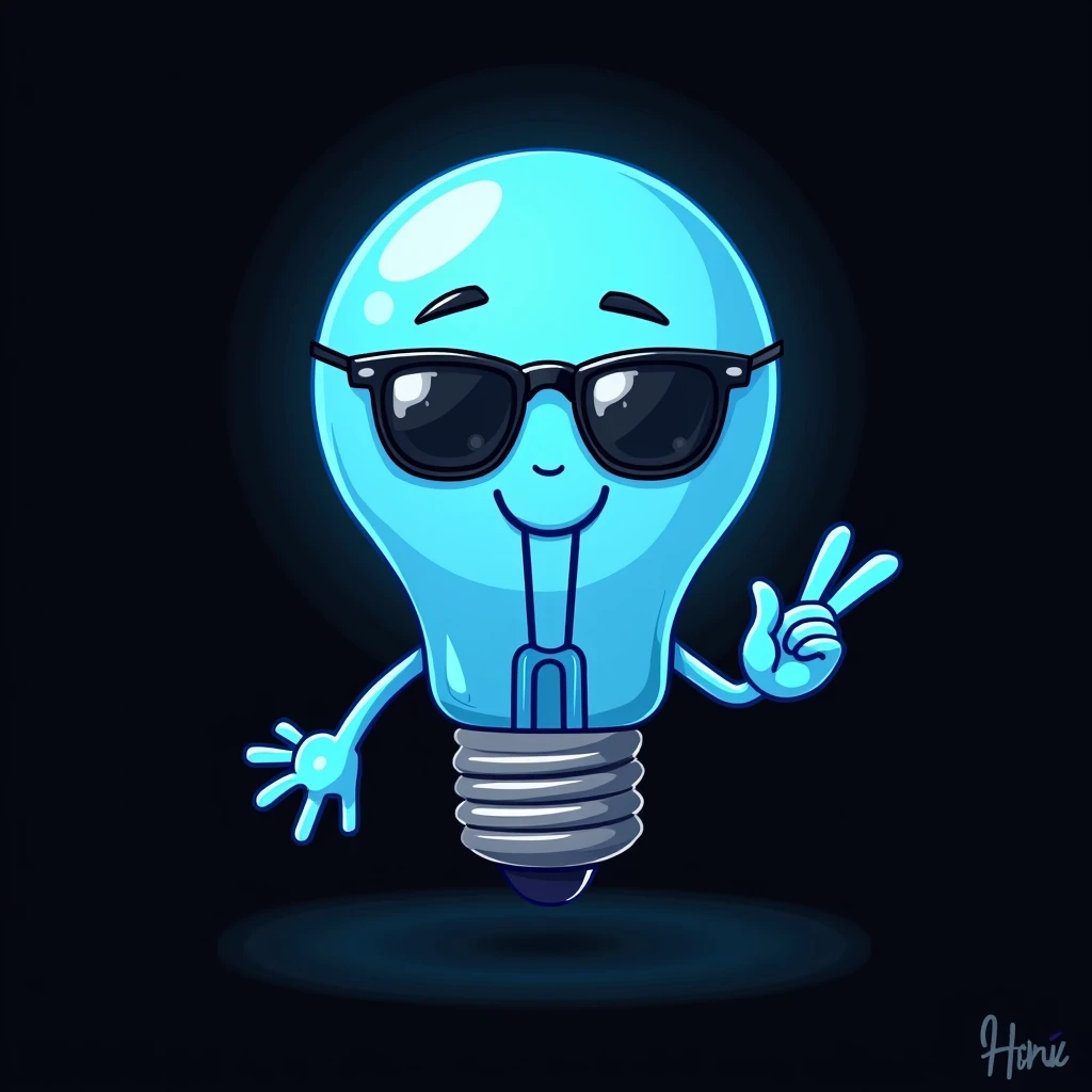 Blue cartoon light bulb with sunglasses and a peace symbol on a black background, Mascot illustration, toonix character, cartoon vector style, dancing character, telegram label design, Black and cyan color scheme, simple cartoon style, tendency in dribbling.pet com, cold face, 2D flat vector art, peace and love