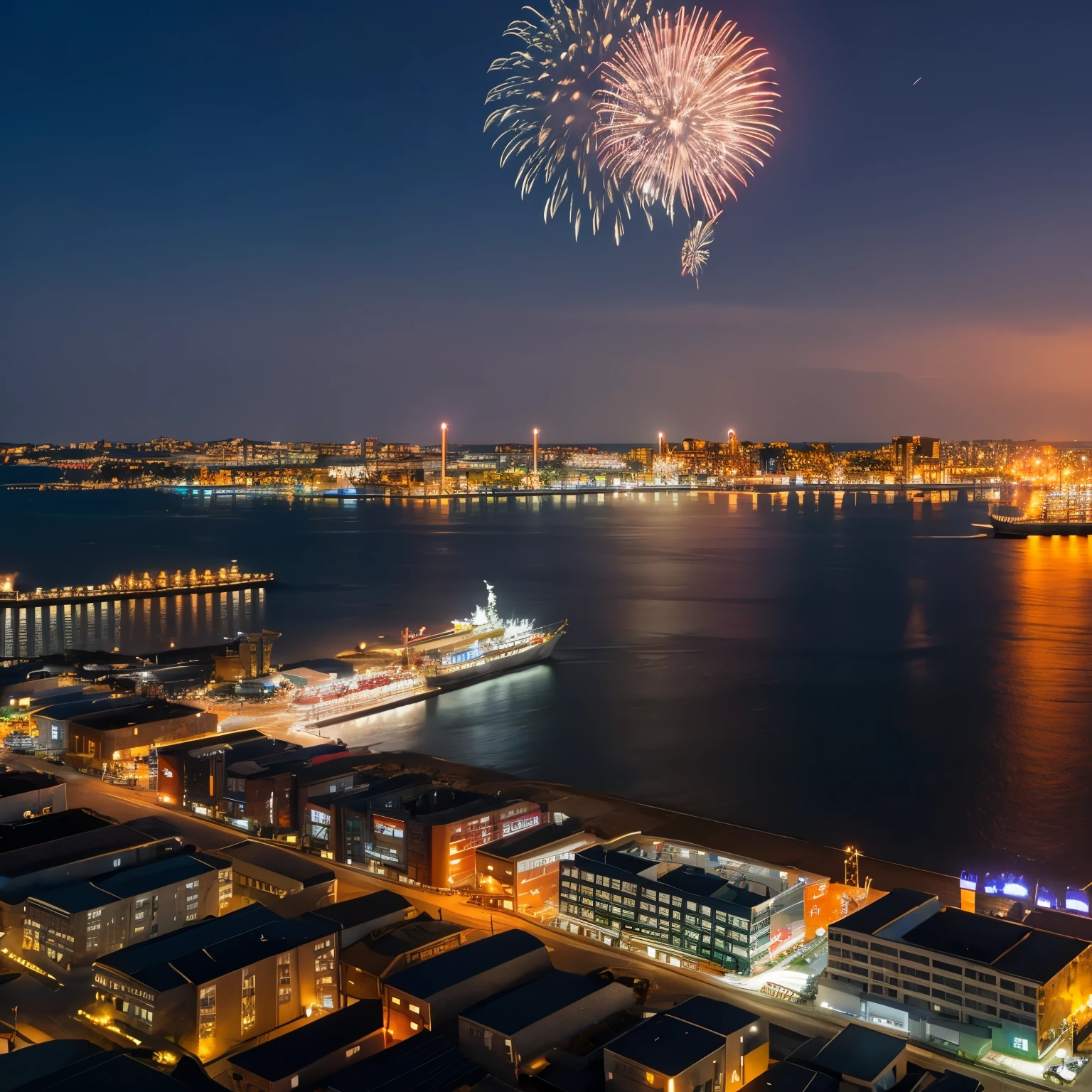 Town、Ocean、Industrial Zone、night、firework、island、freighter