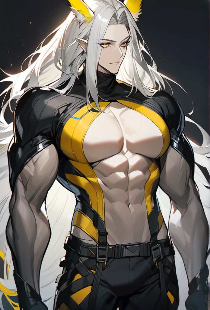 Hellagur(Arknights),grey hair,feather ears, muscular body,wearing original clothes, big chest,medium hips,pitch black background,