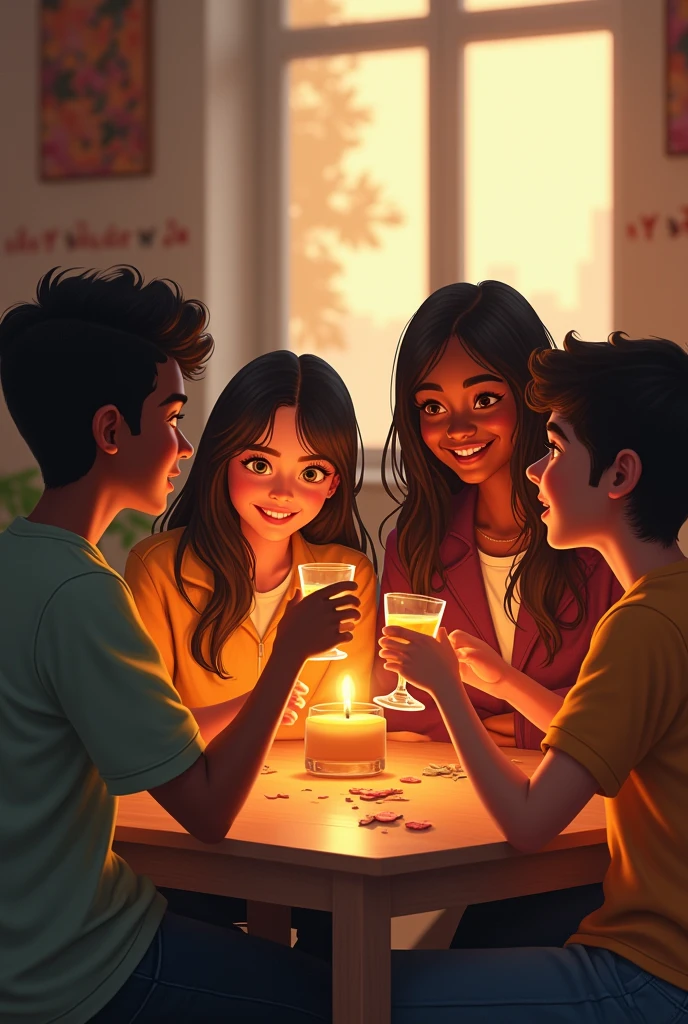 Carlos , Melissa, yeiner, Frank and Anderson get together to celebrate the success of their friends and acquaintances. They all feel proud of having learned the importance of responsibility. Yeiner is 14 years old and Frank is 9 years old. They both have straight hair. Melissa is black and is 16 years old. Carlos is 19 years old and Anderson is 34 years old.