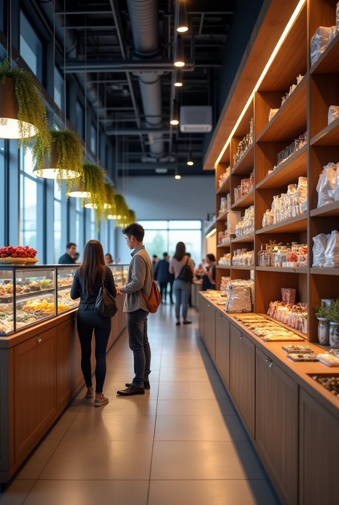Shops in today's time. Technically advanced. Super realistic. Showing more products from the shop and more people.