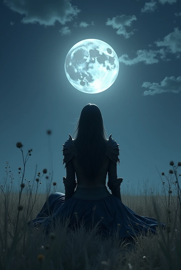 beautiful and graceful woman in gloomy armor sitting in the moonlight at night in a vast field illustration ART picture