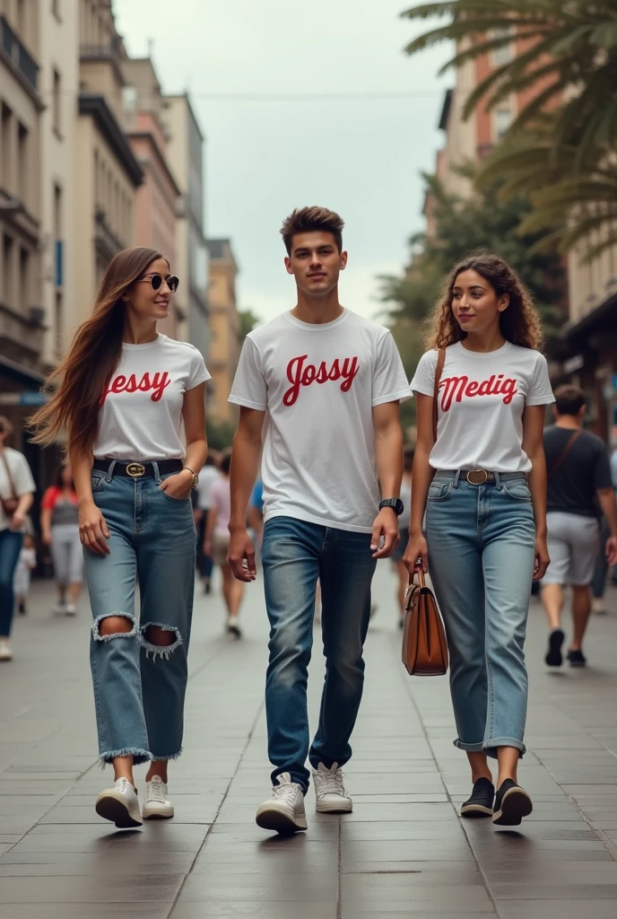A photo of three people walking two ladies and a youthful man at the center of girls, first girl wearing a t-shirt written Jossy middle man wearing t-shirt written Online and the other girl written Media