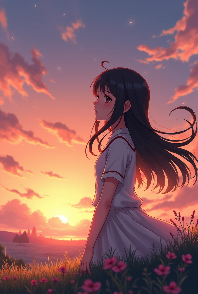 anime girl character with sunset background