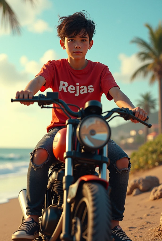 A 15 year old boy wearing a red t-shirt with Rejas written on it wearing black jeans torn at the knees,sitting on a motorbike, beach background,Realistic photo real photo.