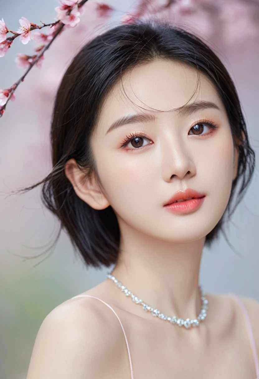 Gentle and charming Chinese beautiful woman, half-length photo, delicate and sexy collarbone, charming oval face, double eyelids, vivid peach blossom eyes, pink lips, small nose, bare shoulders, focused face, face close-up, ultra-high-definition, Super details, elegant standing posture, ultra-thin light-transmitting wet yarn
