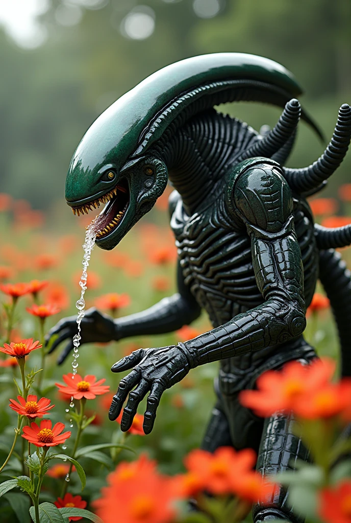 Macro Photography h.r.giger alien xenomorph made of toilete paper roll, tprc style, in a park, clorfull, masterpice, 8k,,, Macro Photography, often for close-up views, small subjects, or detailed examination.