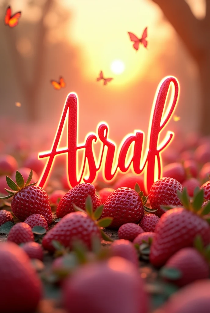 A captivating 3D scene that exudes romance and enchantment, featuring the letter "Asraf" prominently displayed in vibrant, swirling light red letters. The letter emanates a sense of motivation and inspiration, while lifelike, colorful strawberries surround it in various shapes and sizes. The scene is further enhanced by a trail of light yellow smoke, adding to the mystical atmosphere. Delicate, multicolored butterflies flutter around, each with varying shades of light yellow, adding an elegant touch to the enchanting scene. The dreamy sunrise in the background sets the stage for a romantic ambiance, creating a breathtaking and magical image., typography, illustration, photo