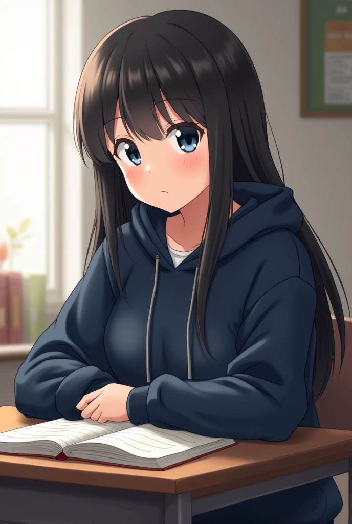 Can you imagine an ANIME style girl with long black hair without bangs down to her back, a little chubby with navy blue sweat clothes sitting at her desk reading?