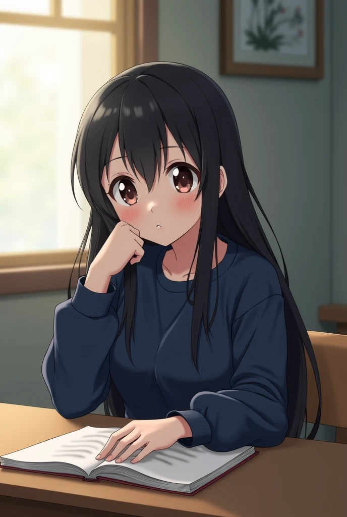 Can you imagine an ANIME style girl with long black hair without bangs down to her back, a little chubby with navy blue sweat clothes sitting at her desk reading?