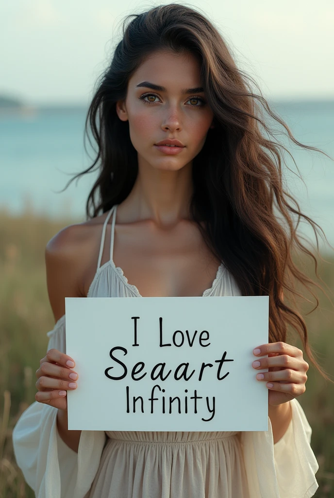 Beautiful girl with wavy long hair, bohemian dress, holding a white board with text "I Love Seaart Infinity" and showing it to the viewer