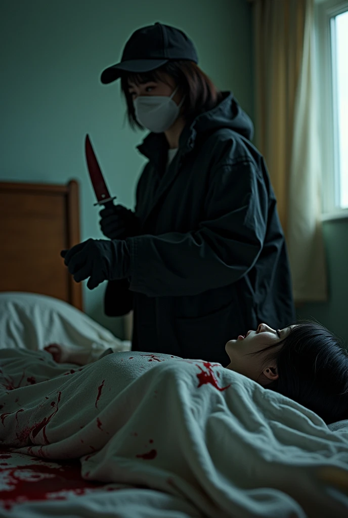 korean girl, (behind corpse, holding knife), surgical mask, black gloves, room full of blood, black raincoat, trucker hat, holding knife, black gloves, woman on top, behind corpse, blood splatter, on the bed, mass murderer, killer, short hair, blood splatter, dark atmosphere, cinematic lighting, atmospheric realistic, light from the window, close-up,
