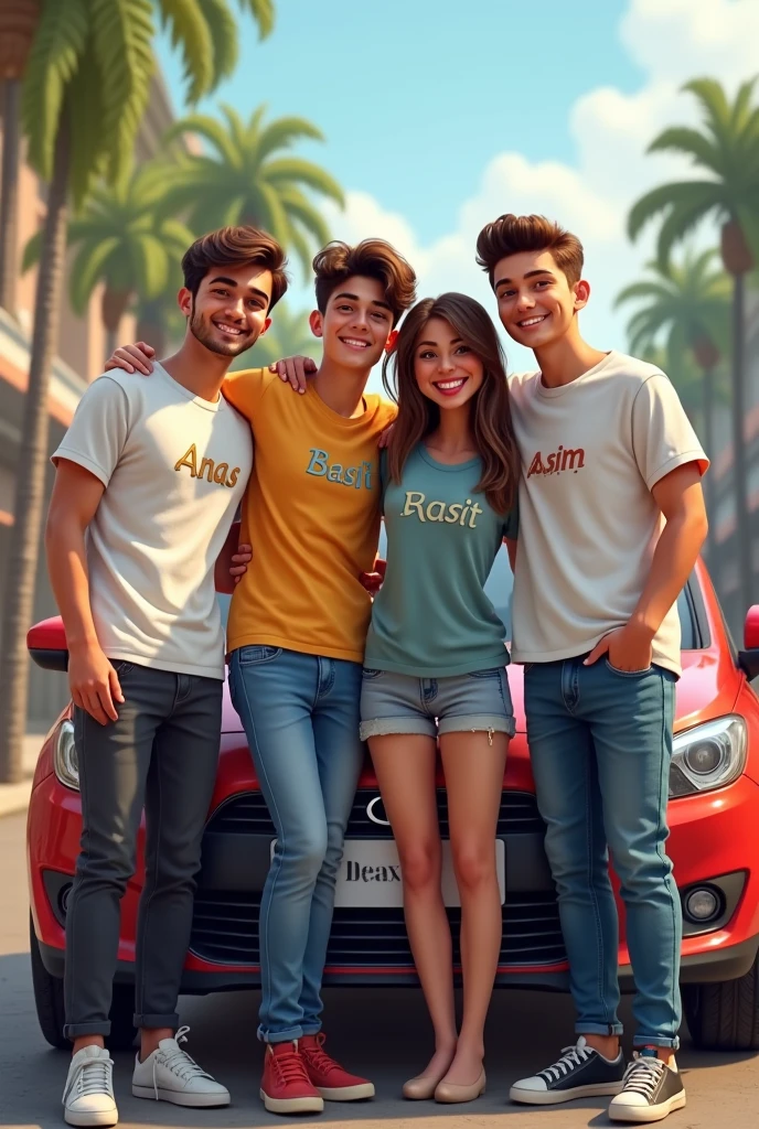 Four friend are standing with car three boys and one girl the boys T shirt name Anas & basit & Asim the girl T shirt name haya