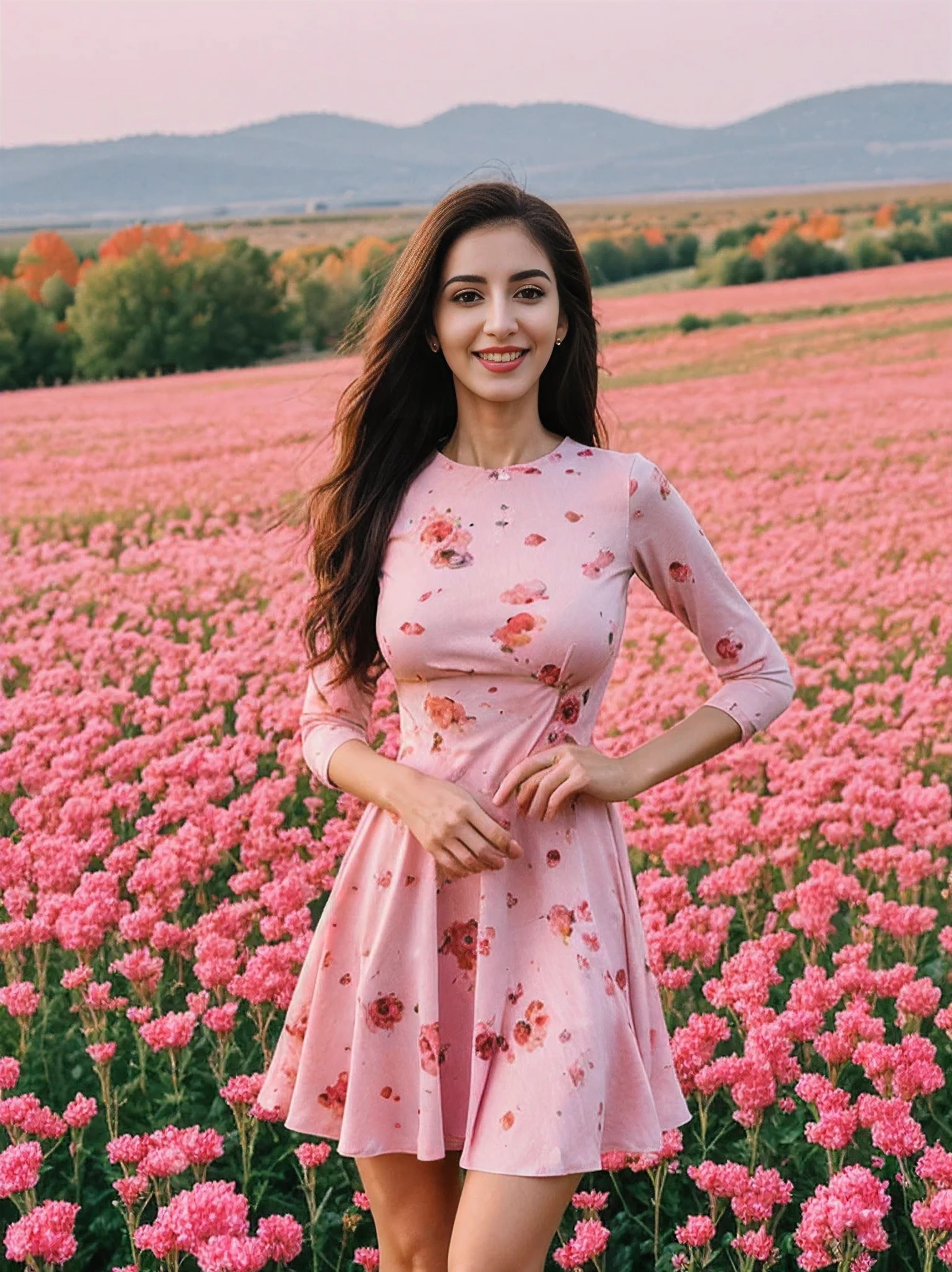 Noura, 1girl, solo, ((Qatari woman)), consistent face and body, ((MILF)), ((30 years old)), (mature), ((slim)), ((Qatari face)), (Qatari nose), (Qatari lips), ((long loose hair)), upper body and upper legs, (background: city flower field at sunset), BREAK, (wearing light-pink printed Flare Dress), smirking, teasing
