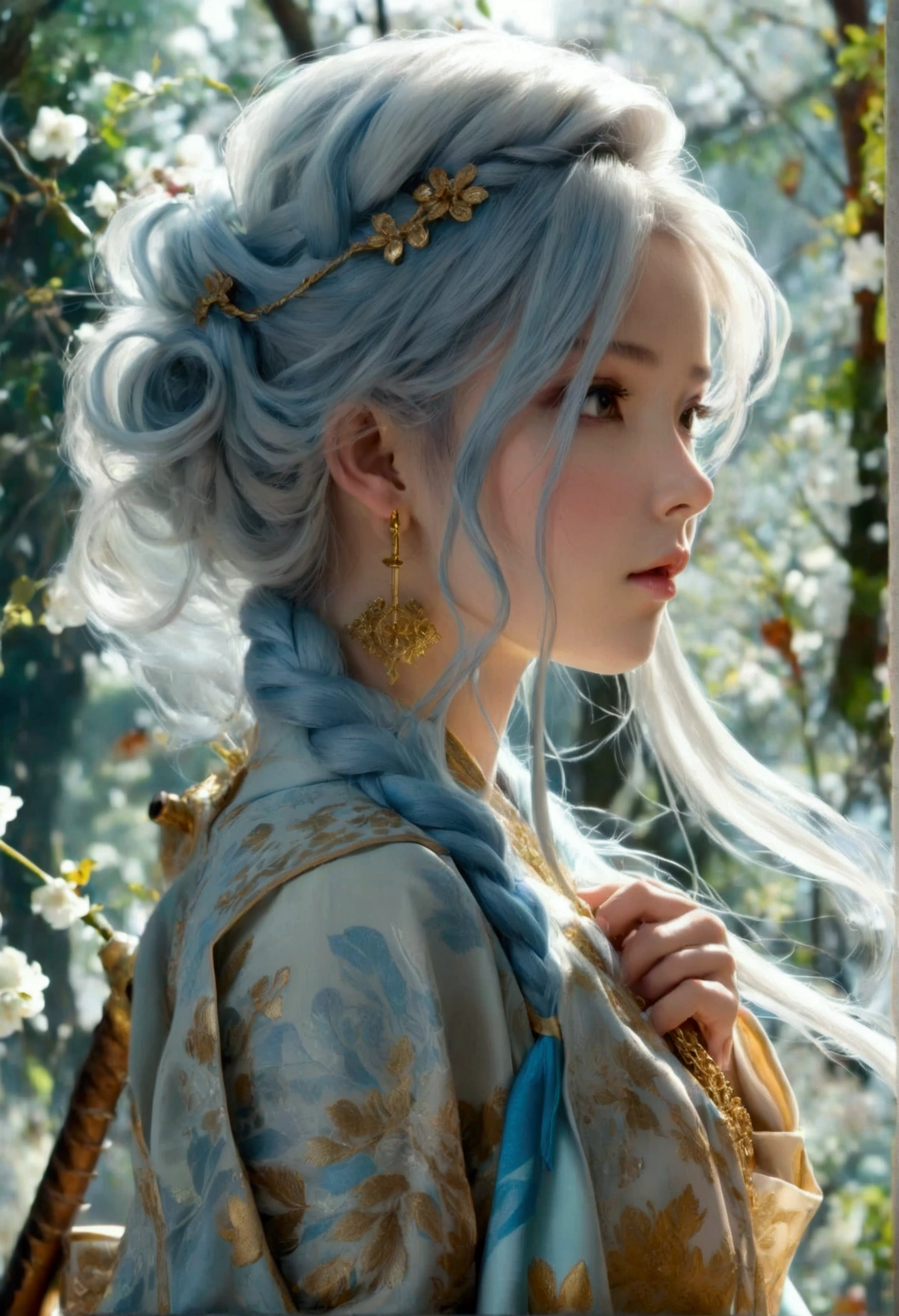 is a slender and graceful female anime character full body looking high at the sky, wields some katana sword, camera is set at the ground, ant view, exhausted, wide-angle view, bottom to top camera angle, moody, character with an ethereal, otherworldly beauty. Her skin is pale and smooth, with an almost porcelain-like quality. Her long, flowing hair cascades down her back, a mix of silvery white and soft blue hues that shimmer in the light, often depicted in intricate braids or loose waves. her eyes are a striking shade of icy blue, deep and mysterious, often giving off a gentle, yet enigmatic, glow. She is adorned in elegant, traditional robes that blend modern and ancient designs, featuring soft pastel colors with floral patterns, accentuated by delicate gold embroidery. Her attire includes flowing sleeves and a high collar, adding to her regal and serene appearance, presence is calm and composed, exuding an aura of wisdom and quiet strength