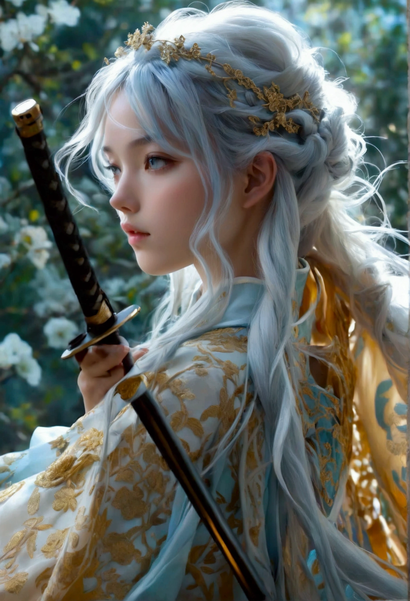 is a slender and graceful female anime character full body looking high at the sky, wields some katana sword, camera is set at the ground, ant view, exhausted, wide-angle view, bottom to top camera angle, moody, character with an ethereal, otherworldly beauty. Her skin is pale and smooth, with an almost porcelain-like quality. Her long, flowing hair cascades down her back, a mix of silvery white and soft blue hues that shimmer in the light, often depicted in intricate braids or loose waves. her eyes are a striking shade of icy blue, deep and mysterious, often giving off a gentle, yet enigmatic, glow. She is adorned in elegant, traditional robes that blend modern and ancient designs, featuring soft pastel colors with floral patterns, accentuated by delicate gold embroidery. Her attire includes flowing sleeves and a high collar, adding to her regal and serene appearance, presence is calm and composed, exuding an aura of wisdom and quiet strength
