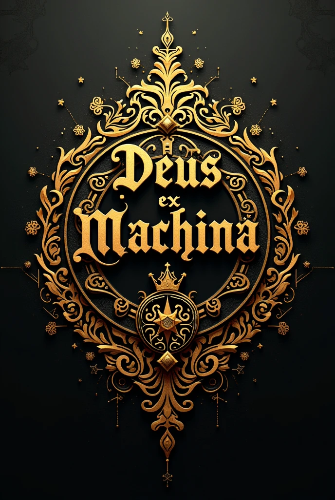 Design text "Deus ex Machina", must have this text, with time travel style, elegant and sophisticated, main color is gold,
