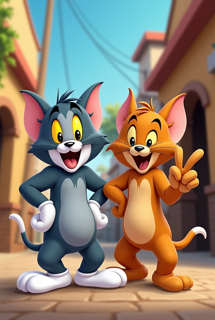 First tom takes a cool pose while twin tom makes peace sign pose from cartoon tom and jerry