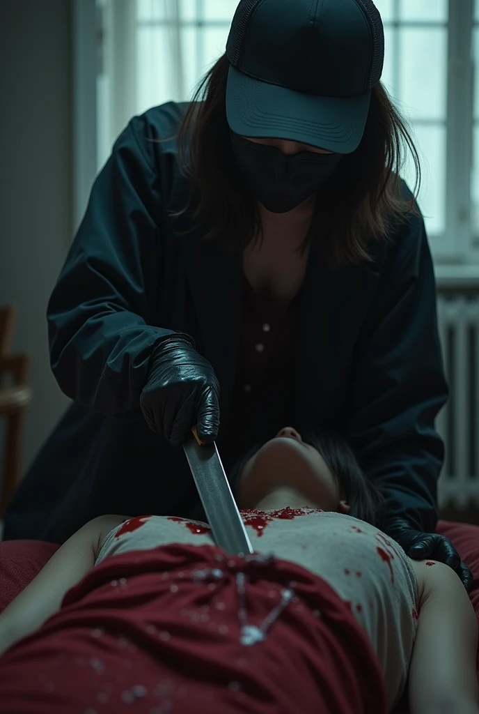 korean girl, (behind corpse, holding knife), black surgical mask, black gloves, room full of blood, black raincoat, trucker hat, holding knife, black gloves, woman on top, behind corpse, blood splatter, on the bed, mass murderer, killer, short hair, blood splatter, dark atmosphere, cinematic lighting, atmospheric realistic, light from the window, close-up,